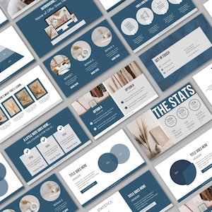 May include: A collection of digital presentation slides with a modern design. The slides feature a navy blue and white color scheme, with various layouts for text, images, and data visualization. The slides include charts, graphs, and text boxes.
