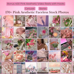 Pink Aesthetic Faceless Stock Photos, Y2K Feminine Instagram Posts, Spring Floral Content Creator Images, Cozy Food Beach Carousel Templates