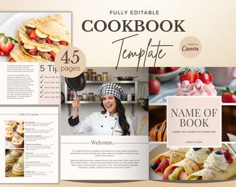 Plantilla editable de Canva para libros de cocina, planificador minimalista de recetas para blogueros gastronómicos, libro electrónico de recetas, diario digital imprimible para libros de cocina familiares.