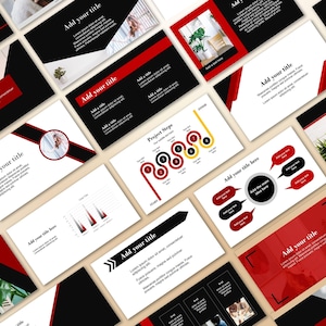 Puede incluir: Un conjunto de diapositivas de presentación con un diseño moderno. Las diapositivas presentan una combinación de colores negro, blanco y rojo. El texto incluye "Add your title" y otro texto de marcador de posición. Algunas diapositivas tienen elementos gráficos y diagramas.