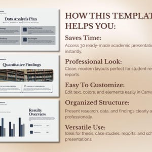Puede incluir: Una plantilla de presentaci&oacute;n digital con diapositivas tituladas "Data Analysis Plan" y "Quantitative Findings". La plantilla incluye el texto: "HOW THIS TEMPLATE HELPS YOU: Saves Time, Professional Look, Easy To Customize, Organized Structure, Versatile Use."