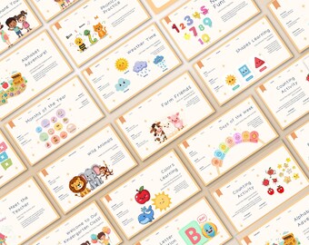 以下が含まれることがあります： 幼稚園向けの教育用プレゼンテーションスライドのコレクション。アルファベット、数字、形、動物などのトピックに関するカラフルなイラストとテキストが特徴です。スライドは、木製のフレームが付いた明るいベージュ色の背景です。