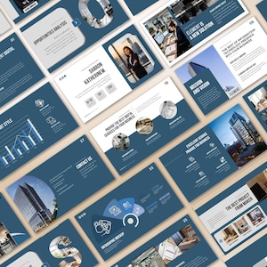 May include: A set of digital presentation slides with a contemporary design. The slides have a dark blue background with white text and graphics. Images of buildings, charts, and business professionals are included. The presentation is for Element Digital Company.