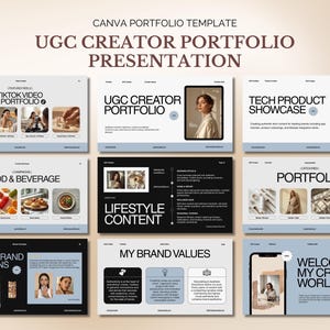以下が含まれることがあります： 「UGC Creator Portfolio Presentation」というテキストが入ったCanvaポートフォリオテンプレートのプレゼンテーション。プレゼンテーションには、「TikTok Video Portfolio」、「UGC Creator Portfolio」、「Tech Product Showcase」というタイトルのスライドが含まれています。