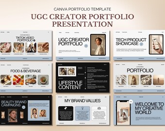 以下が含まれることがあります： 「UGC Creator Portfolio Presentation」というテキストが入ったCanvaポートフォリオテンプレートのプレゼンテーション。プレゼンテーションには、「TikTok Video Portfolio」、「UGC Creator Portfolio」、「Tech Product Showcase」というタイトルのスライドが含まれています。