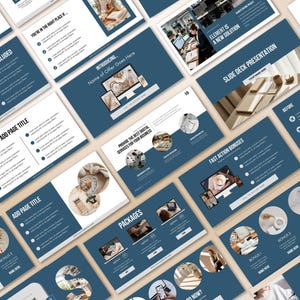 Puede incluir: Una colección de diapositivas de presentación digital en azul y blanco. Las diapositivas presentan texto, imágenes y gráficos, incluidas las palabras "What's Included", "Introducing" y "Slide Deck Presentation".