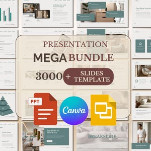 May include: A presentation mega bundle with over 3000 slides. The image includes PPT, Canva, and other slide templates. The design features a neutral color palette with various layouts for interior design and business presentations.