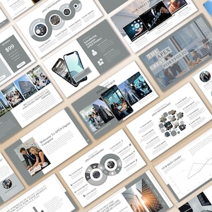 Pode incluir: Uma coleção de slides de apresentação de marketing digital em tons de cinza e branco. Os slides apresentam texto, gráficos, infográficos e imagens de smartphones e profissionais. A apresentação é intitulada "The Apex Great Portfolio."