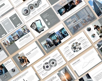 Puede incluir: Una colección de diapositivas de presentación de marketing digital en tonos grises y blancos. Las diapositivas presentan texto, gráficos, infografías e imágenes de teléfonos inteligentes y profesionales. La presentación se titula "The Apex Great Portfolio."