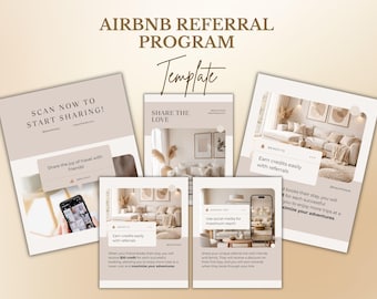 Plantilla minimalista beige para programa de referidos de Airbnb, kit de marketing moderno para anfitriones, promoción editable en redes sociales con Canva, folleto de referidos para huéspedes.
