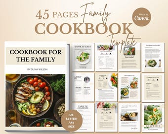 Family Recipe Cookbook Canva Template, Editable Recipe Book, Minimalist Cooking Planner, 45 Pages Personalized Recipe Book US Letter A4