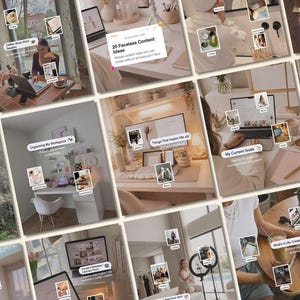 Puede incluir: Un collage digital de múltiples fotografías cuadradas que muestran escenas de estilo de vida y espacio de trabajo, incluyendo escritorios, portátiles, café, estanterías y exteriores, con etiquetas de texto e iconos superpuestos.