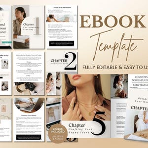Puede incluir: Una plantilla de libro electrónico con múltiples diseños de página en tonos beige y blanco. El texto incluye títulos como Building and Growing Your Online Brand, Chapter 1, Chapter 2, Chapter 5 y Chapter 6. Es totalmente editable y fácil de usar.