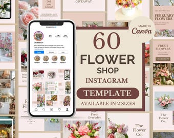 Plantilla de Canva para Instagram de floristería con 60 publicaciones editables, kit de redes sociales florales, plantilla de marketing con estética beige, paquete de historias destacadas.
