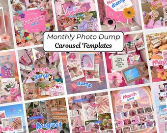 Plantilla rosa de carrusel Y2K para Instagram, publicación mensual de fotos en Canva, collage estético suave y femenino para álbum de recortes, lindo diario fotográfico para todo el año.