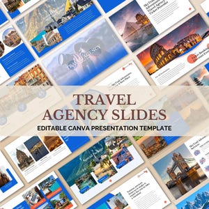 Può includere: Una raccolta di diapositive di presentazione di agenzie di viaggio con immagini di varie destinazioni. Le diapositive presentano schemi di colori blu e bianco, con il testo "TRAVEL AGENCY SLIDES" e "EDITABLE CANVA PRESENTATION TEMPLATE."
