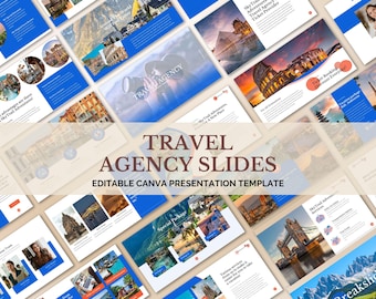 Puede incluir: Una colección de diapositivas de presentación de agencias de viajes con imágenes de varios destinos. Las diapositivas presentan esquemas de color azul y blanco, con el texto "TRAVEL AGENCY SLIDES" y "EDITABLE CANVA PRESENTATION TEMPLATE."