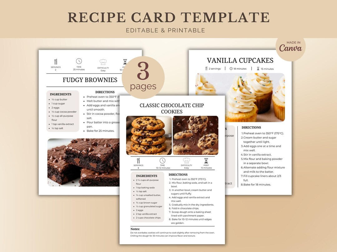 Mini Recipe Design Beige Minimalist Recipe Card Template, Editable Canva Sheet, Recipe ...