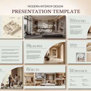 Presentationsmall för inredningsförslag i Canva, presentationspresentation för modern estetisk arkitektur, välkomstpaket för heminredning, bild på 30 sidor