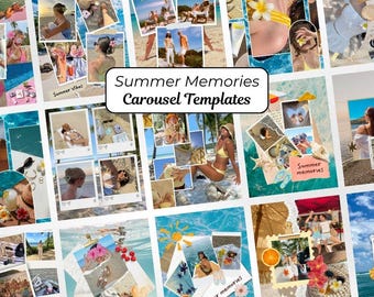 Plantilla de carrusel de Instagram de playa de verano, collage de fotos tropicales azules, cuadrícula de publicaciones, diseño estético de álbum de recortes de viajes, paquete de creador de contenido