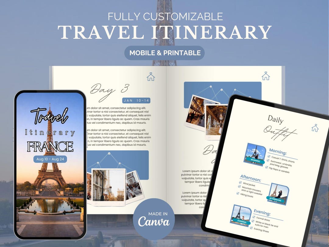 Mobile Travel Itinerary Canva Template, Editable Trip Planner Digital ...