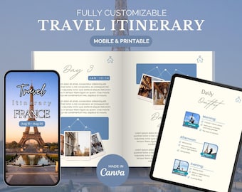 Plantilla de Canva para itinerarios de viaje móviles, planificador de viajes editable (descarga digital), guía de viaje, cronograma diario, planificador de vacaciones para agencias de viajes.