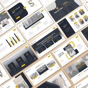 May include: A collection of digital presentation slides with a modern design. The slides feature a dark navy and yellow color scheme, with text and graphics related to fashion and business. The words "Apparel Edge" and "Casual Fashion Line" are visible.