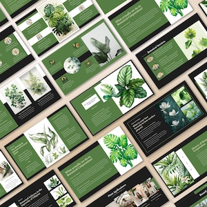 May include: A collection of presentation slides with a botanical theme. The slides feature green and black backgrounds with watercolor illustrations of various plants and leaves. Text includes "Botanical Corporation" and "Botanical Services".