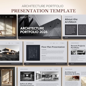 Könnte beinhalten: Eine Architektur-Portfolio-Präsentationsvorlage mit mehreren Folienlayouts in einem monochromatischen Farbschema. Die Folien zeigen Textüberschriften wie Architecture Portfolio 2026, About the Architect, Residential Project Showcase und Floor Plan Presentation.