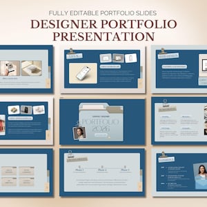 Peut inclure: Un modèle de présentation avec le texte "FULLY EDITABLE PORTFOLIO SLIDES DESIGNER PORTFOLIO PRESENTATION." Les diapositives sont bleues et beiges, avec des images et des zones de texte. Les sujets incluent la conception d'impression, UX/UI, la conception web, l'emballage et les services.