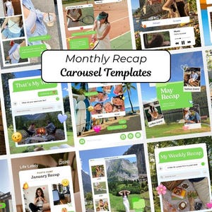 May include: A collection of digital social media carousel templates titled Monthly Recap Carousel Templates, featuring various layouts with green text boxes, photo frames, and emoji icons designed for organizing monthly photo recaps.