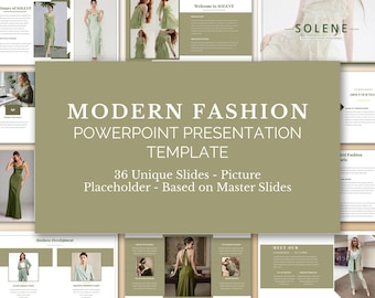 以下が含まれることがあります： モダンファッションをテーマにしたPowerPointプレゼンテーションテンプレート。「MODERN FASHION POWERPOINT PRESENTATION TEMPLATE」と表示されています。テンプレートには、画像プレースホルダー付きの36個のユニークなスライドが含まれており、マスタースライドに基づいています。配色は主にオリーブグリーンと白です。