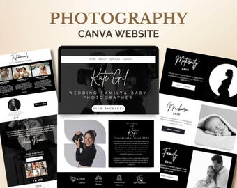 Plantilla web de fotografía negra para Canva, sitio web minimalista para portafolio de bodas, familia, recién nacidos y páginas de inicio para negocios de servicios modernos.
