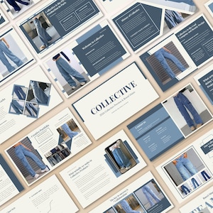 May include: A collection of presentation slides with a light beige background and navy blue accents. The slides showcase denim jeans and include the text "COLLECTIVE" and "2024 Collection Preview & Brand Vision."