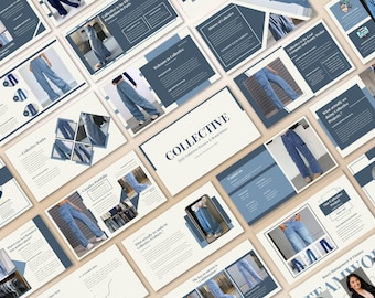 Puede incluir: Una colección de diapositivas de presentación con un fondo beige claro y detalles en azul marino. Las diapositivas muestran vaqueros de mezclilla y el texto "COLLECTIVE" y "2024 Collection Preview & Brand Vision".