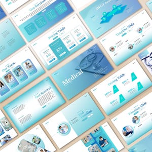 May include: A collection of digital presentation slides with a medical theme. The slides feature a light blue and white color scheme, with text and graphics related to healthcare, including pricing tables, timelines, and service descriptions. The word "Medical" is prominently displayed.
