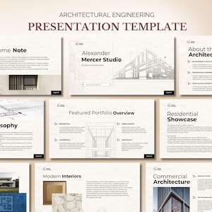 Può includere: Un modello di presentazione per l'ingegneria architettonica. Le diapositive includono "Welcome Note", "Alexander Mercer Studio", "About the Architect", "Design Philosophy", "Featured Portfolio Overview", "Residential Showcase", "Modern Interiors" e "Commercial Architecture".