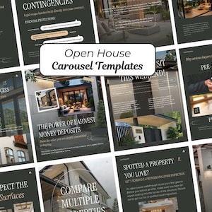 May include: A collection of digital social media carousel templates for real estate marketing, featuring dark backgrounds, white serif typography, and architectural photography. The central text reads Open House Carousel Templates.