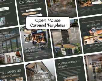 Plantilla moderna de carrusel para Instagram de bienes raíces en color negro, kit de redes sociales de Canva para jornadas de puertas abiertas de agentes inmobiliarios de lujo, guía para compradores de vivienda con publicaciones interactivas