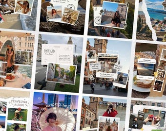 Plantilla de carrusel de Instagram para diario de viaje y álbum de recortes vintage sin costuras, publicación de fotos de vacaciones de verano, kit estético de Canva para bloggers de viajes.