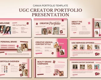以下が含まれることがあります： UGCクリエイタープレゼンテーション用のCanvaポートフォリオテンプレート。デザインは、ポートフォリオセクション、クリエイター情報、コンテンツの例を示すさまざまなスライドを備えた、明るいピンクと白の配色が特徴です。テキストには「UGC Creator Portfolio Presentation」が含まれています。