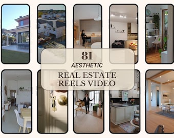 81 plantillas de vídeo estéticas para anuncios inmobiliarios, imágenes de perfil para Instagram y Canva para anuncios de viviendas modernas y neutras, contenido de marketing para redes sociales de agentes inmobiliarios.