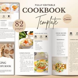 Canva kookboeksjabloon, bewerkbare receptenboeksjabloon, lay-out kookboek voedselrecept, kookreceptpagina's, digitale kookboekplanner
