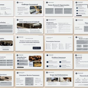 Puede incluir: Una presentaci&oacute;n con diapositivas sobre investigaci&oacute;n acad&eacute;mica. Los temas incluyen ideas clave, desaf&iacute;os y oportunidades futuras. Las diapositivas tienen un dise&ntilde;o consistente con texto y gr&aacute;ficos, adecuado para fines educativos.