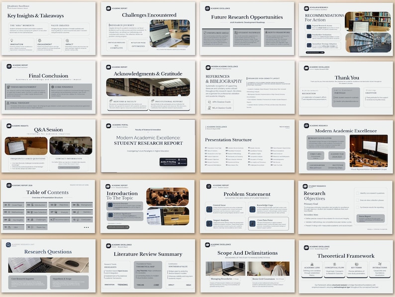 Puede incluir: Una presentaci&oacute;n con diapositivas sobre investigaci&oacute;n acad&eacute;mica. Los temas incluyen ideas clave, desaf&iacute;os y oportunidades futuras. Las diapositivas tienen un dise&ntilde;o consistente con texto y gr&aacute;ficos, adecuado para fines educativos.