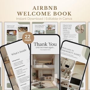 Neutral minimalistisk Airbnb-välkomstbokmall Canva redigerbar, välkomstbok för semesterbostäder, gästbok digital Canva Airbnb-värdguidebok
