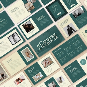 May include: A collection of presentation slides with a teal and cream color scheme. The slides feature text, photos, and diagrams. The title "eCourse & Webinar" is displayed prominently. The slides cover topics like "My Story", "Course Outline", and "Our Process".