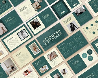 Puede incluir: Una colección de diapositivas de presentación con una combinación de colores verde azulado y crema. Las diapositivas presentan texto, fotos y diagramas. El título "eCourse & Webinar" se muestra de forma destacada. Las diapositivas cubren temas como "My Story", "Course Outline" y "Our Process".
