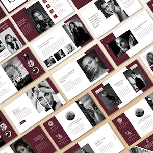 May include: A collection of maroon and white presentation slides with black and white photographs. The slides feature text, including names, and images of people, a Ferris wheel, and other design elements. The overall theme is photography.