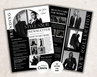 Plantilla de boletín de moda en blanco y negro, diseño minimalista de revista en Canva, diseño de periódico personalizado, lookbook moderno tamaño A4 (tamaño carta estadounidense).